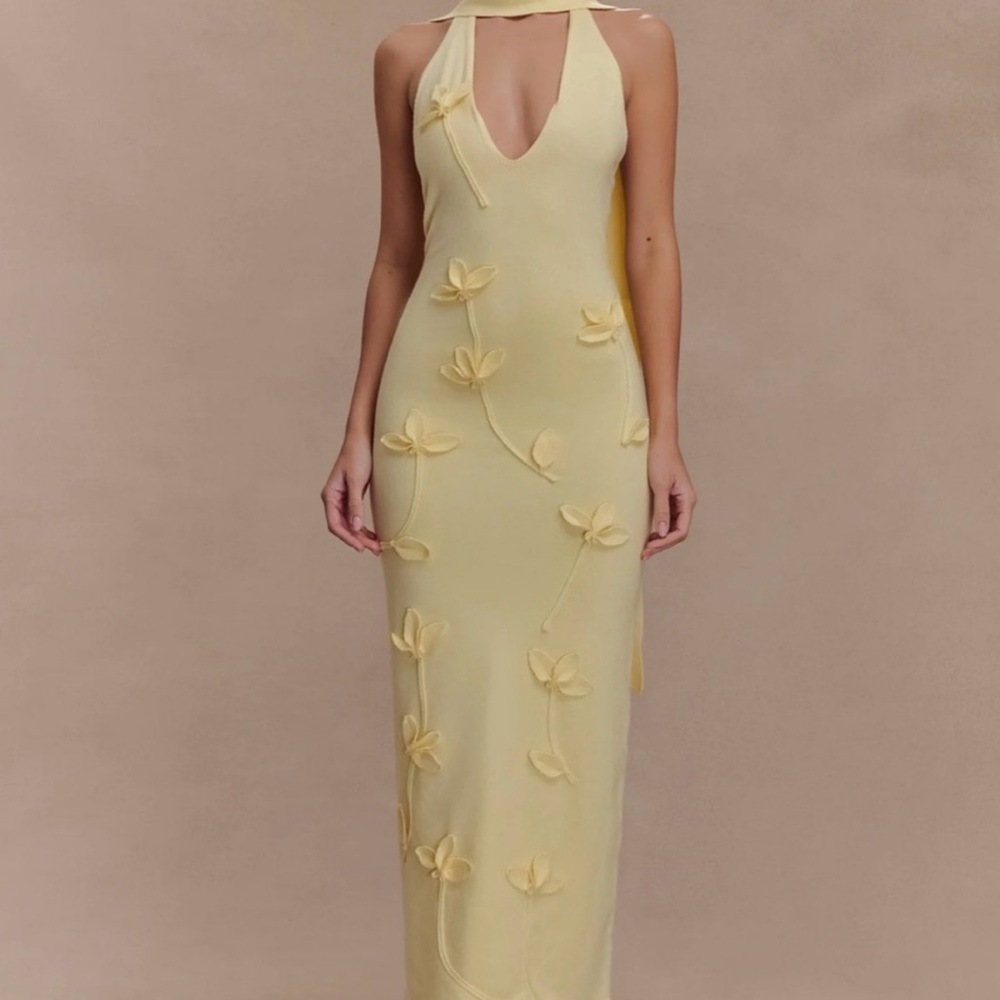 XS Meshki Wynn Floral Knit Midi Dress - Lemon